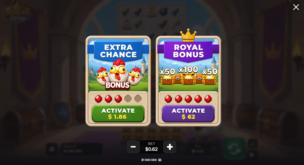 Écran des bonus Extra Chance et Royal Bonus dans Royal Drop